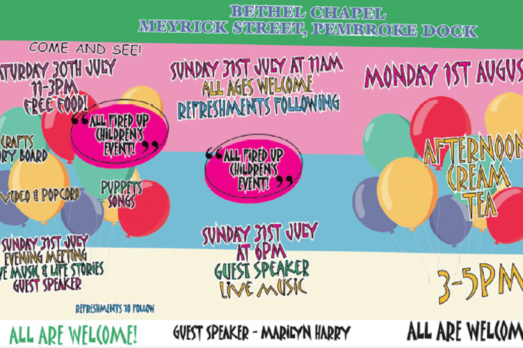 Poster for events at Bethel Chapel, Pembroke Dock