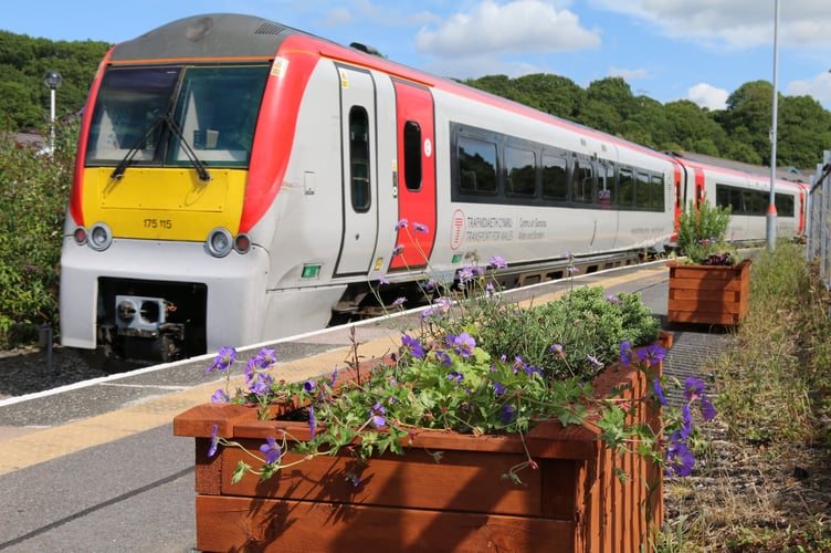 Planters on the platform in front of a Transport for Wales train at Milford Haven railway station