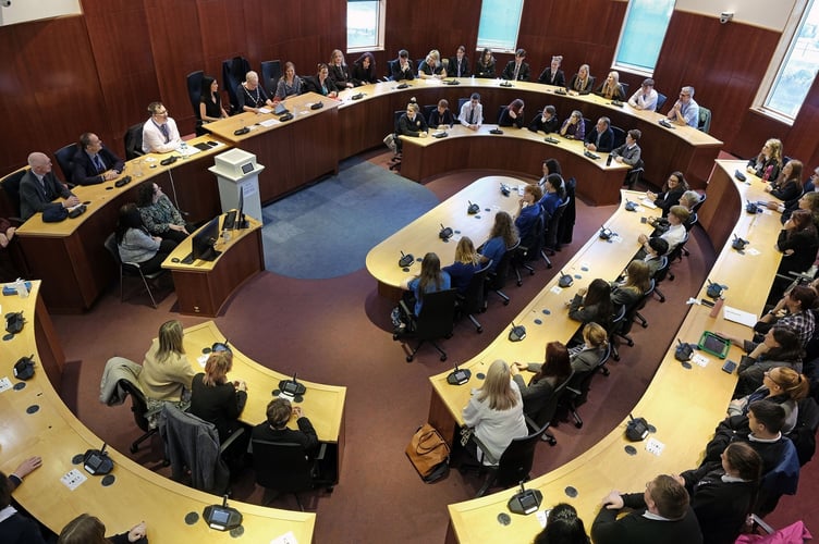 Pictured are the secondary school representatives with speakers at the equality debate in the Council Chamber at County Hall., Haverfordwest