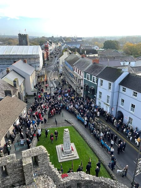 A view over the 2022 Remembrance ceremony at Pembroke from the Castle