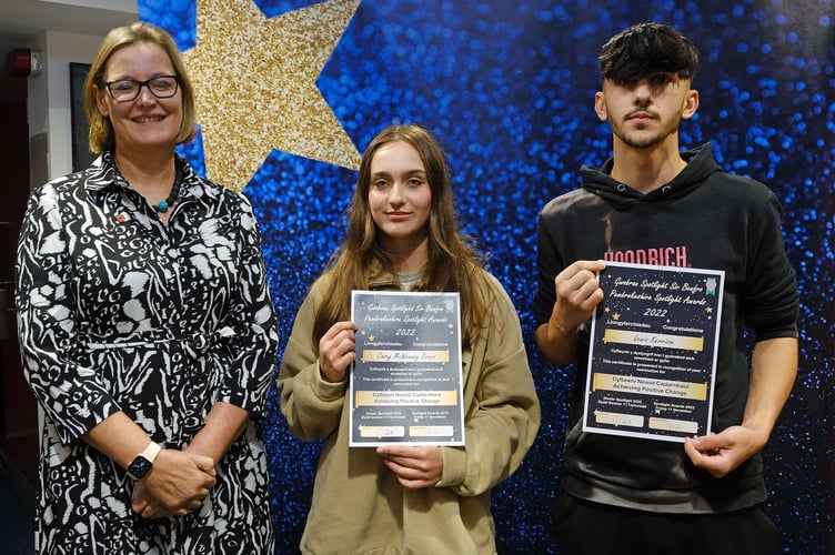 Achieving Positive Change: Cllr Tessa Hodgson, Cabinet Member for Social Services and Safeguarding; Casey McWeeney Brace (Winner) and Lewis Kerrison (Runner Up)