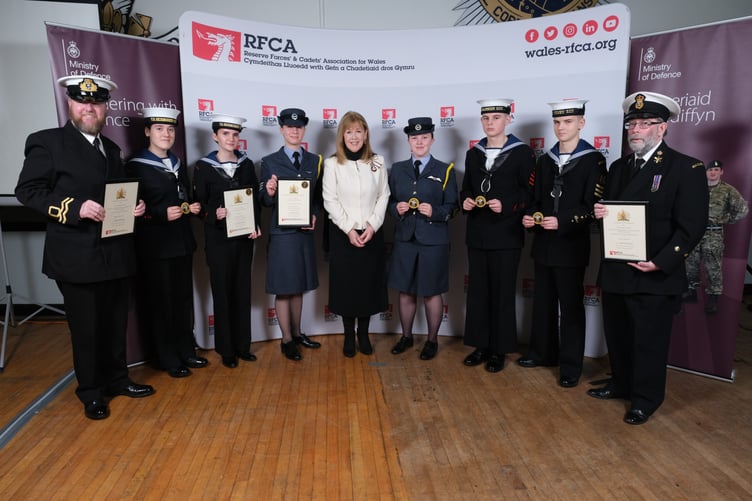 All award recipients and appointees: Lieutenant (SCC) Christopher Harvey-Jones, Leading Cadet Annis Henton, Leading Cadet Maisie Millichip, Cadet Sergeant Martha Ashcroft, Miss Sara Edwards, the Lord-Lieutenant of Dyfed, Staff Cadet Warrant Officer Charlie Edwards, Leading Cadet Ben Power, Petty Officer Cadet Luke Coburn and Chief Petty Officer Christopher Palmer.
