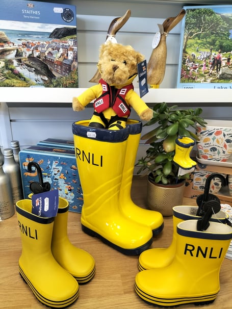Yellow RNLI Wellies and teddy in life jacket