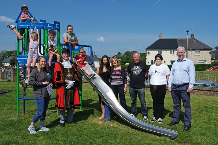 Mayor Pembroke Cllr Aden Brin opens with new park facility with children members of the Green Park community group including Cllr Linda Asman