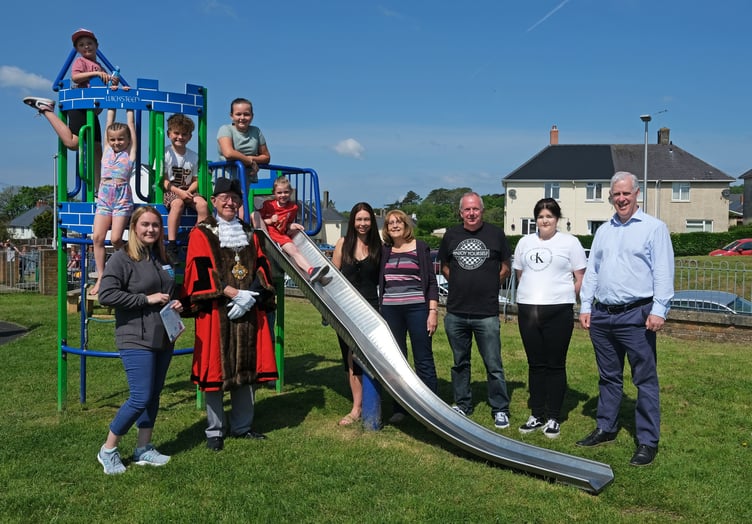 Mayor Pembroke Cllr Aden Brin opens with new park facility with children members of the Green Park community group including Cllr Linda Asman
