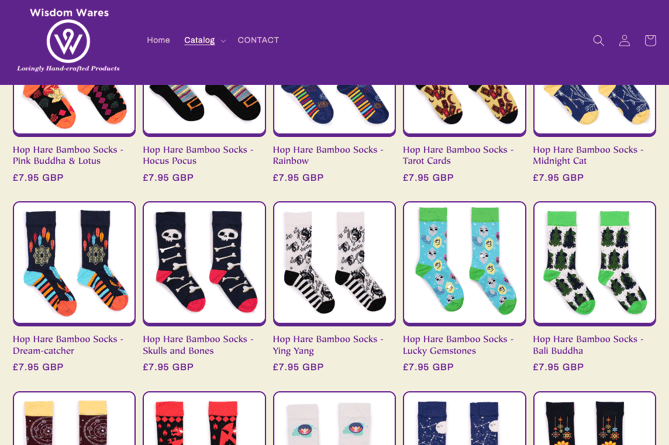 Screenshot of bamboo socks page on Wisdom Wares website