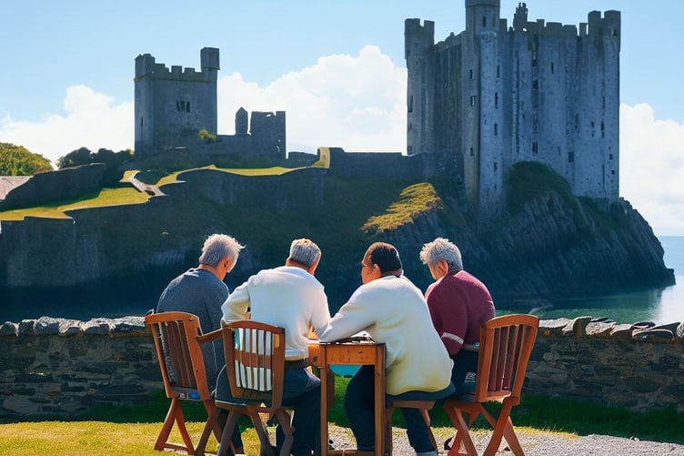 Four playing Bridge in front of 'Pembroke' Castle!