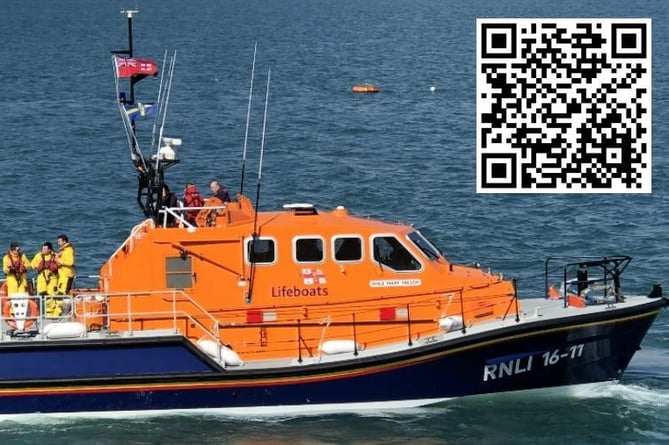 The Angle RNLI Lifeboat, RNLB Mark Mason. Scanning the QR code takes you to a Pembrokeshire Coast National Park leaflet in PDF form to download. It shows a map of the round-Angle route and contains some useful information.