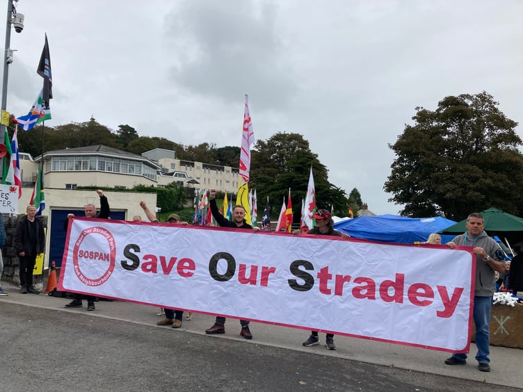 Protesters at Stradey Park Hotel, Furnance, Llanelli, on October 2