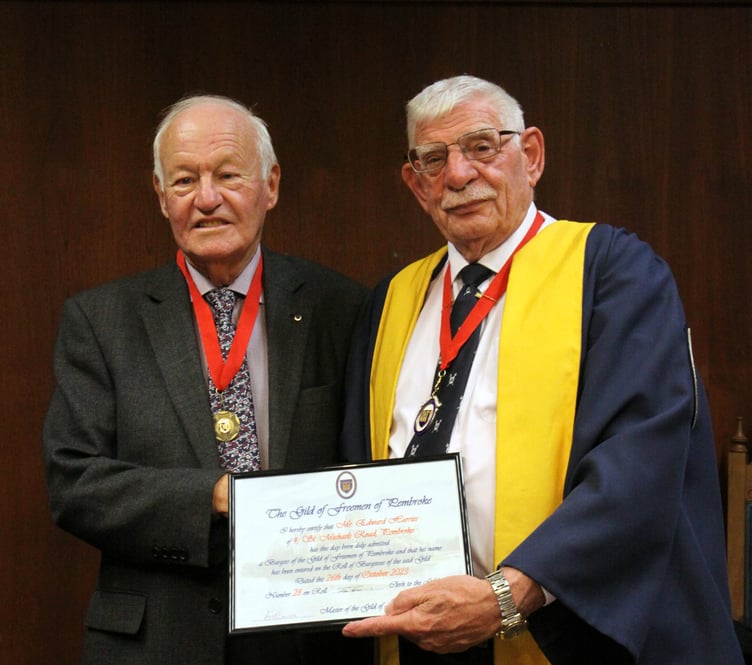 Newly installed Burgess Mr Edward Harries and Master of the Gild of Freemen of Pembroke Cllr Dennis Evans.