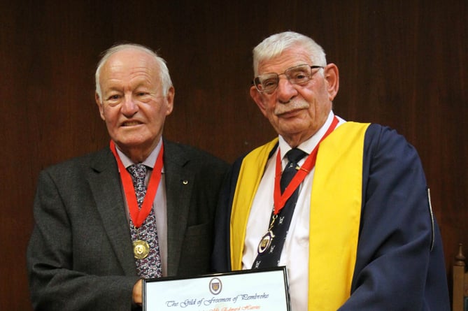 Newly installed Burgess Mr Edward Harries and Master of the Gild of Freemen of Pembroke Cllr Dennis Evans.