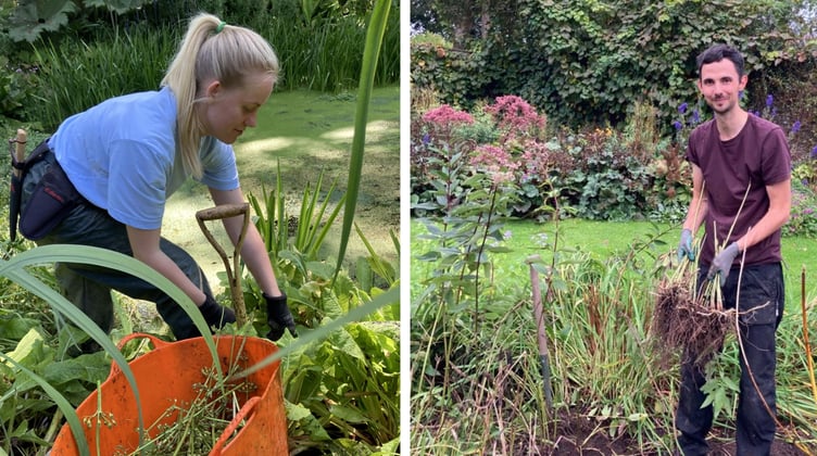 Beth Large and Ben Harris working in the gardens at Aberglasney.