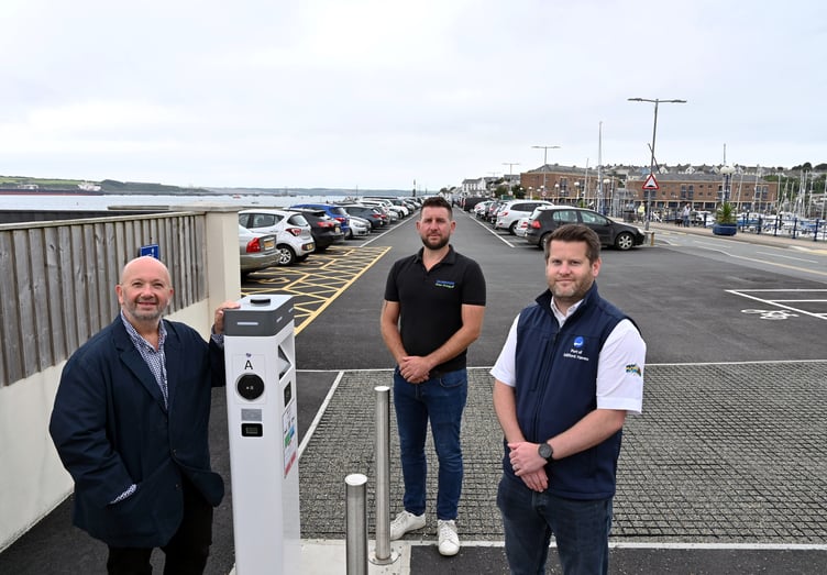 Councillor Rhys Sinnett, Andrew Mackay, and Gareth Phillips at the newly resurfaced Mackerel Quay car park