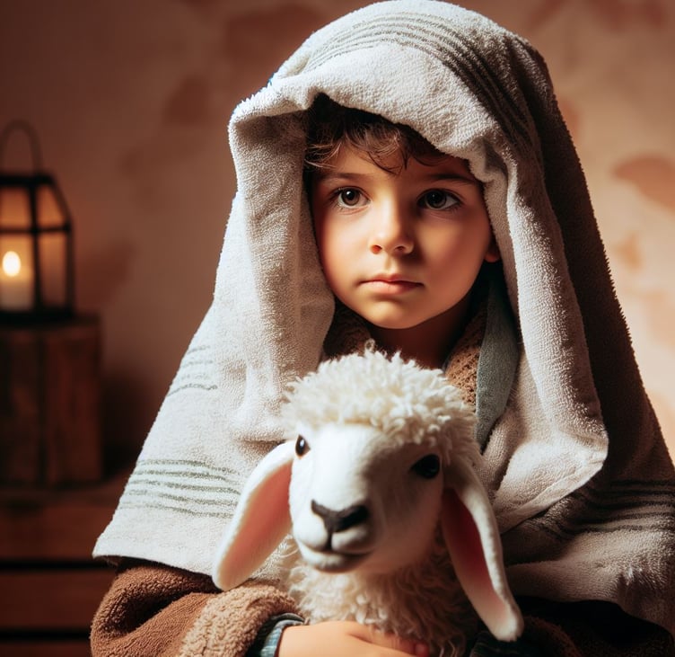 Nativity character - shepherd (with towel on head and toy sheep)