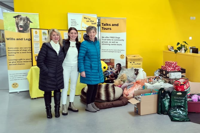Sue Russell, Bethan Osborne and Jayne Osborne delivering the locally donated items to the Dogs Trust Cardiff Centre