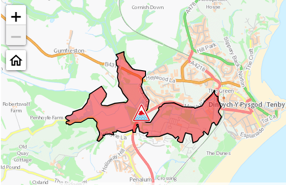 The extent of the severe flood warning, Ritec River at Tenby