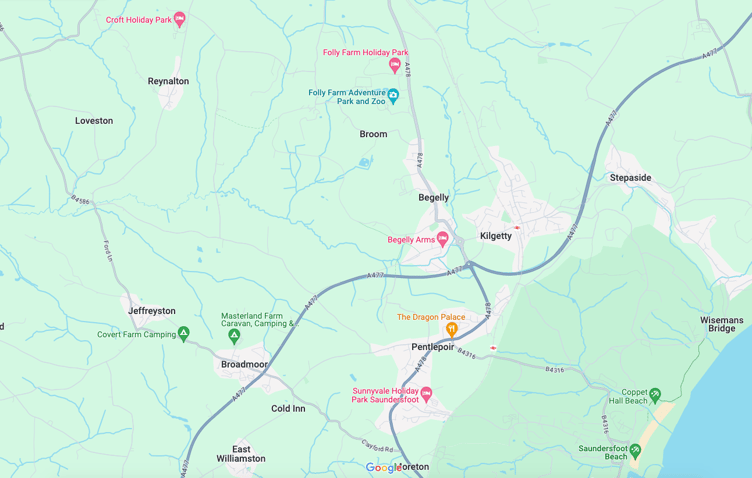 Map showing Reynalton, Pembrokeshire