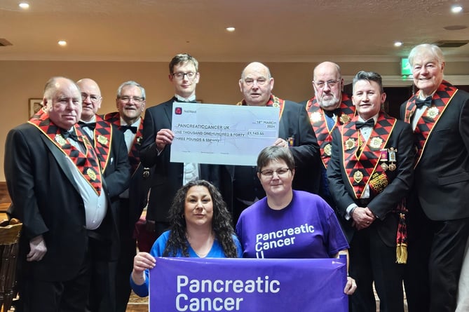 South Pembrokeshire Lodge Grand Primo Brother Malcom Styles presented representatives Pancreatic Cancer UK with a cheque for £1,143.55 raised by local RAOB members.