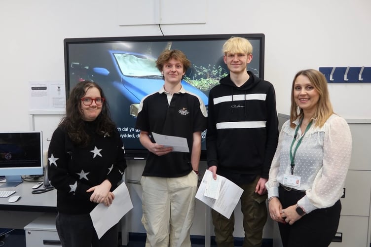 Photo: Pembrokeshire College students Christian Pearce, Jac Dawes and Xanthe Horsley, with Pembrokeshire County Council Road Safety Officer, Sally Jones.