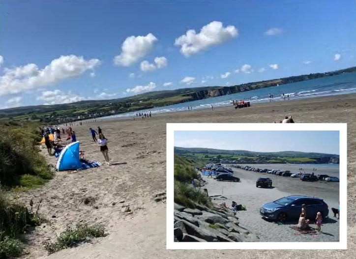 Car-free Traeth Mawr, Newport. Inset shows the same sands when cars were allowed to park there.