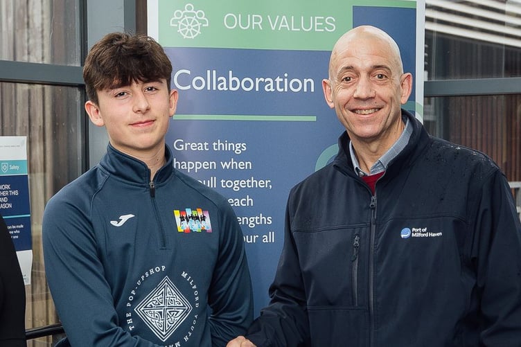 Lauren Williams, PR & Communications Officer at the Port of Milford Haven, Charlie Evans, Milford Youth Matters Ambassador, Tom Sawyer, Chief Executive of the Port of Milford Haven and Dayle Gibby, Milford Youth Matters Co-Ordinator.