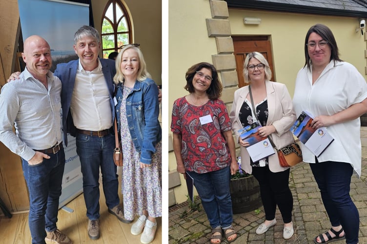Pictured at the Pembrokeshire Tourism Summit at Rhosygwylen are Ross Grieve, Saundersfoot Harbour with Neil Kedward and Alix White, Seren Collection; Sophie Hurst, Preseli Ventures and Director of Visit Pembrokeshire with Sam Morgan, Signspeed and Donna James, Signspeed and Director of Visit Pembrokeshire.