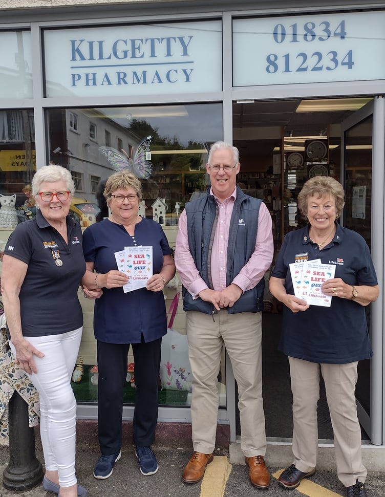 Launching the RNLI Sea Quiz at Kilgetty Pharmacy are Pembroke RNLI Guild chair Daphne Bush, Pharmacy Manager Carolyn Finlay, Valero policy & public affairs manager Stephen Thornton and Quiz author, Saundersfoot RNLI Branch president Jennie McIntosh.