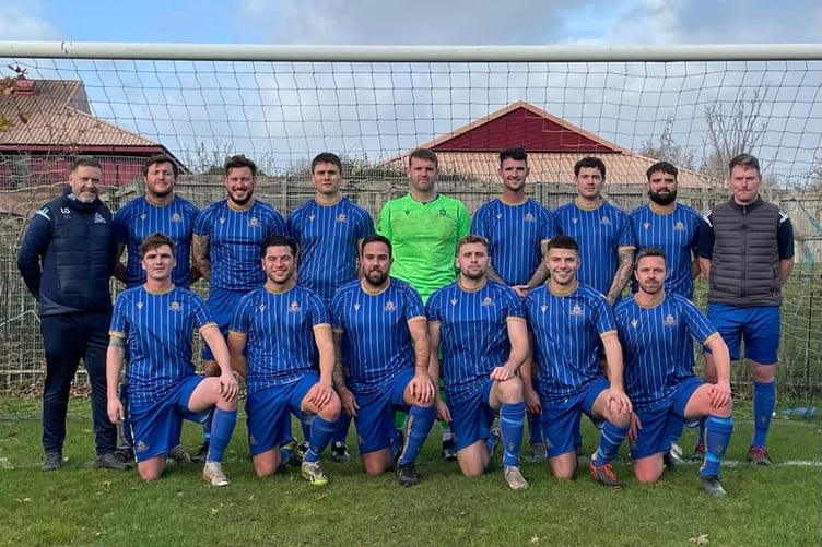Kilgetty AFC men's first team in the Centenary Kit Sponsored by James Chiffi, Beyond The White Line.