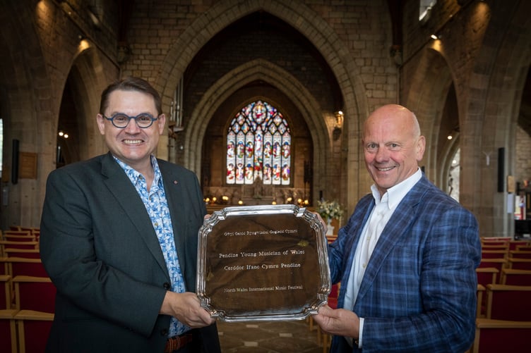 Paul Mealor, Artistic Director of the North Wales International Festival and Mario Kreft MBE, proprietor of Pendine Park with the Pendine young musician of Wales trophy.  Photo: Mandy Jones