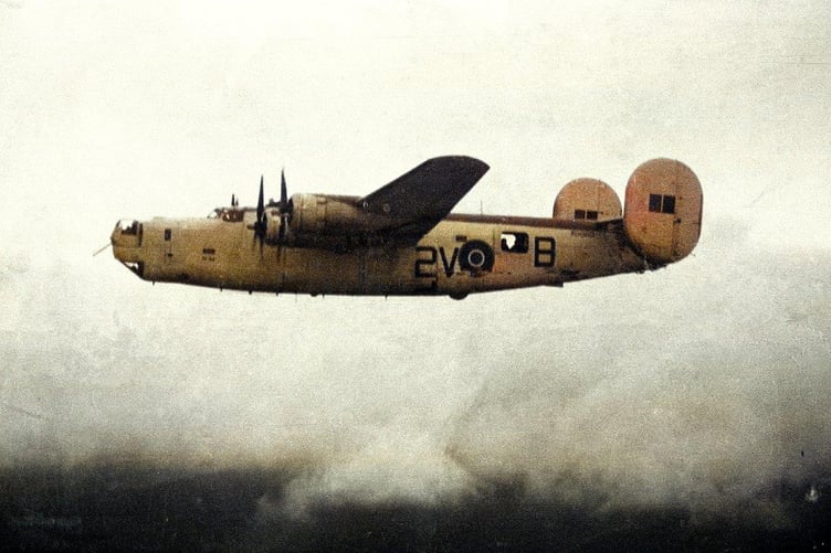 A hand coloured photograph of a 547 Squadron Liberator similar to the one which crashed in the Preseli Hills.
