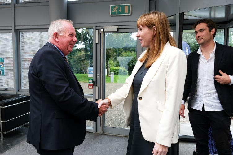 Leader of Pembrokeshire County Council, Cllr Jon Harvey, welcomes Deputy PM Angela Rayner to the Bridge Innovation Centre, Pembroke Dock.