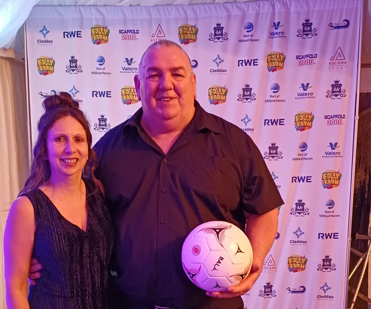 Kilgetty AFC Secretary Sharron Hardwick with Welsh and Everton Goalkeeper Neville Southall