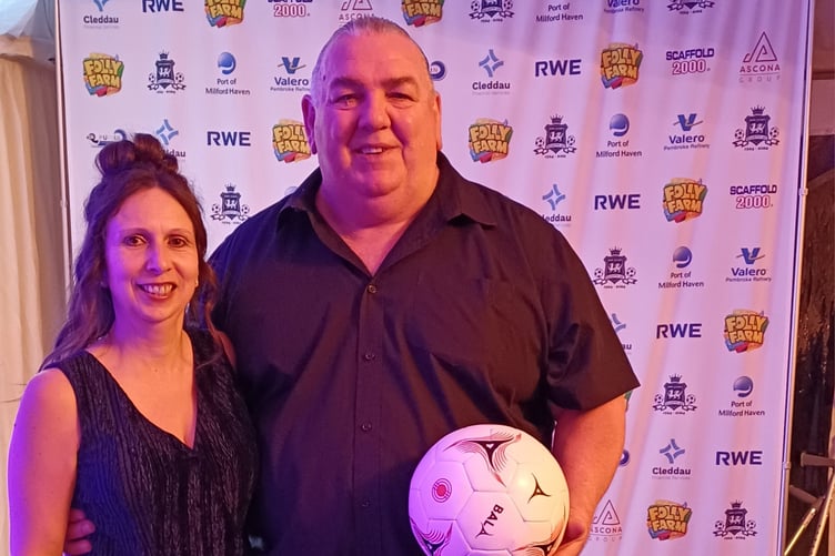 Kilgetty AFC Secretary Sharron Hardwick with Welsh and Everton Goalkeeper Neville Southall