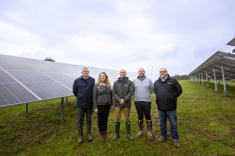 Bluestone CEO William McNamara, Head of Projects Liz Weedon, Sustainability Director Marten Lewis, JJP Services Director Mike Prior and Bluestone Environmental Efficiency Manager Richard Harries, pictured at the three-hectare solar farm.