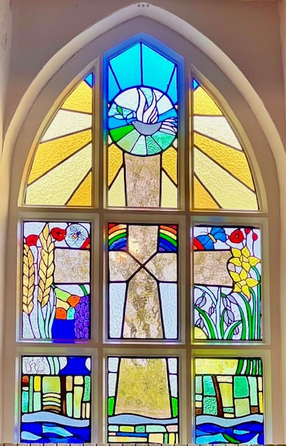 The stained glass window at St Elidyr’s Church, East Williamston