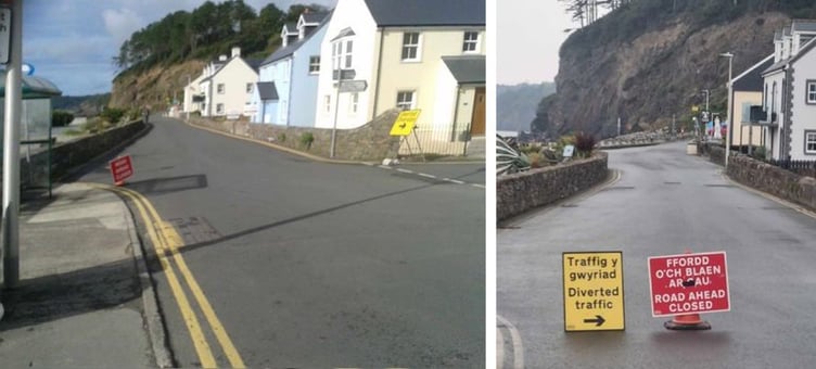 Photos spanning five years showing the road through Amroth closed to traffic.