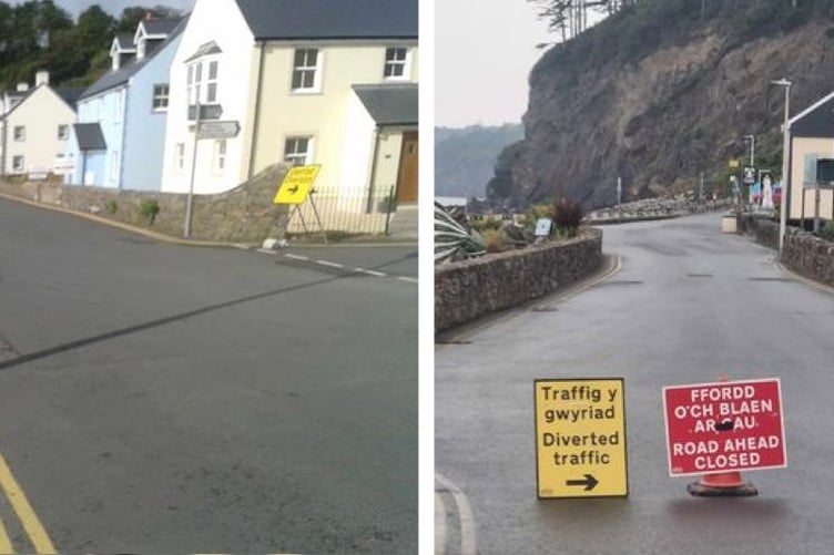 Photos spanning five years showing the road through Amroth closed to traffic.
