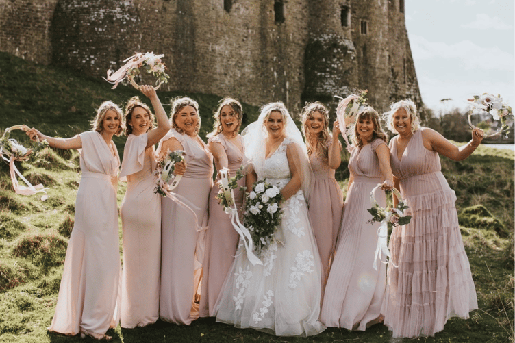 Bride and bridesmaids at Carew Castle