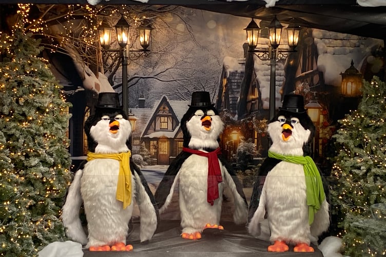 Charity singing penguins at the Vincent Davies store