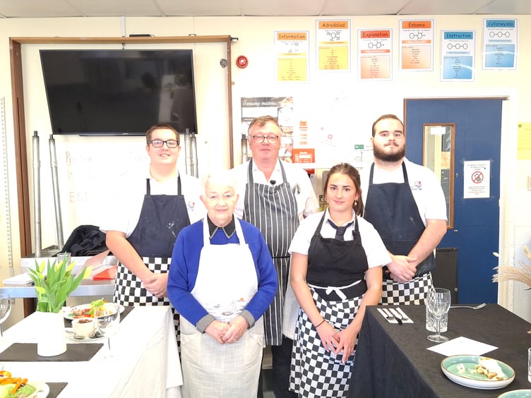 Young Chef competitors Kai Chapman, Rotarian Nick Stretton, Jack Monk and Leah Jones (front) with Rotarian Barbara Rumbold