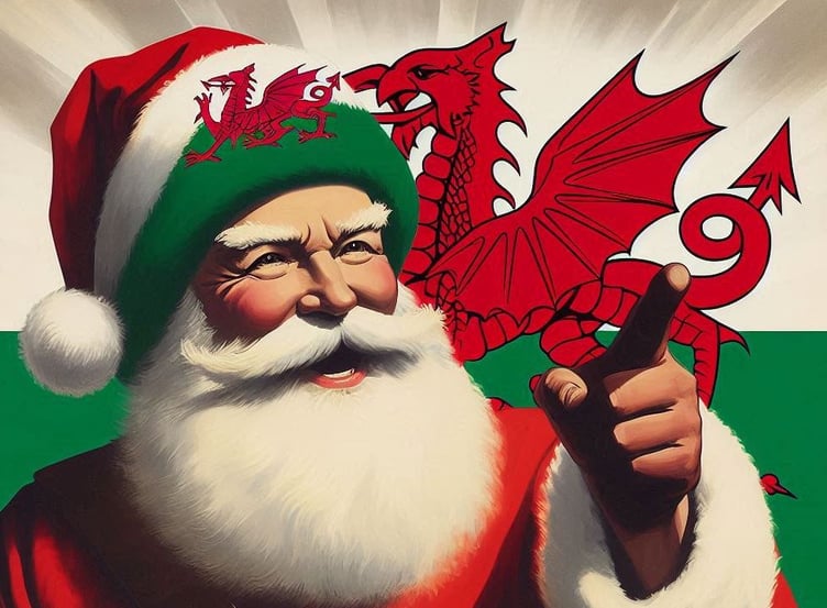 Santa with Welsh flag, pointing like Kitchener poster