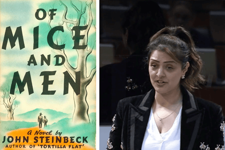 Of Mice and Men - Steinbeck 1937 book cover alongside picture of Natasha Asghar MS.