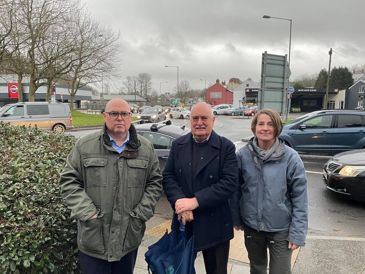 Paul Davies MS and Cllrs Bryan and Clements at Salutation Square roundabout, Haverfordwest