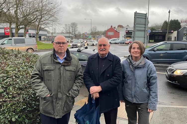 Paul Davies MS and Cllrs Bryan and Clements at Salutation Square roundabout, Haverfordwest
