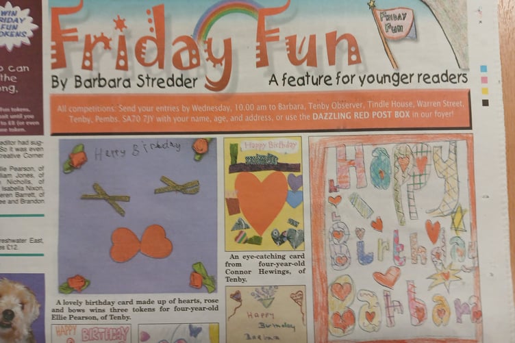 Tenby Observer Friday Fun page wishing its author, Barbara Stredder, a happy birthday. She was a mere 78 years old at the time!