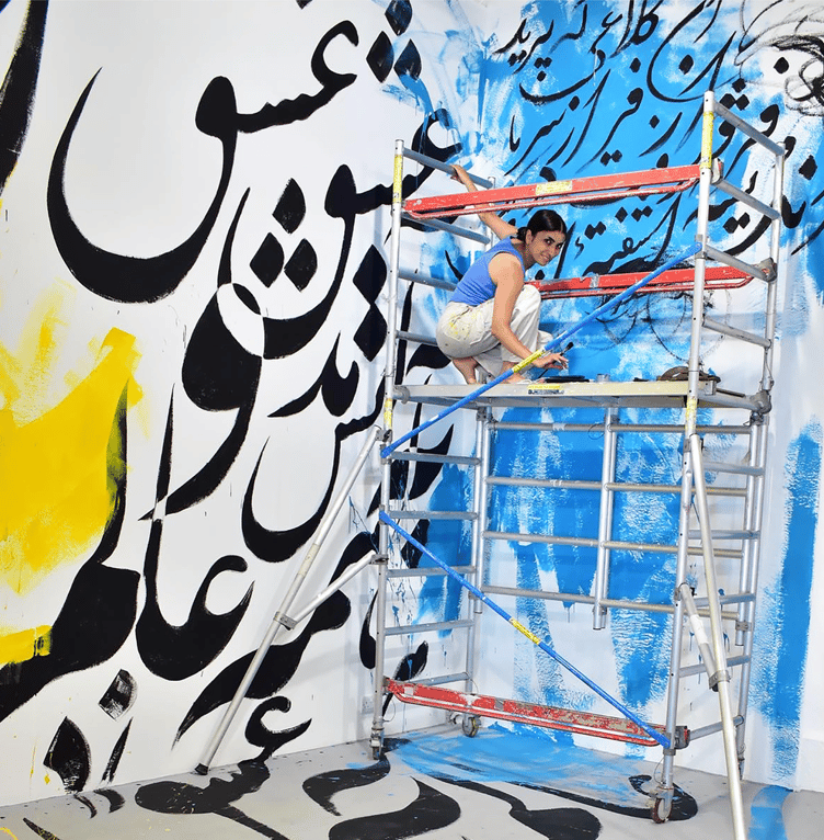 International artist Sahar Saki preparing for the first stop of the Persian Tour, Llantarnam Grange.