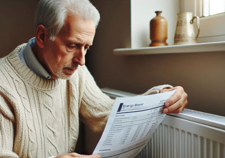 Older person by radiator reading energy bill