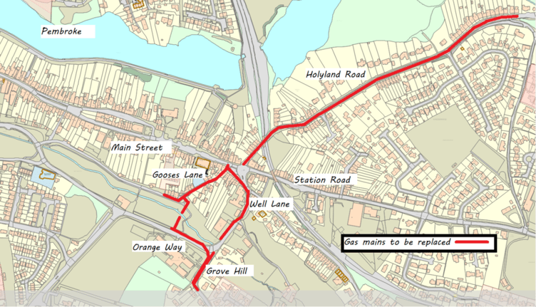 Gas main replacement work in Pembroke - map