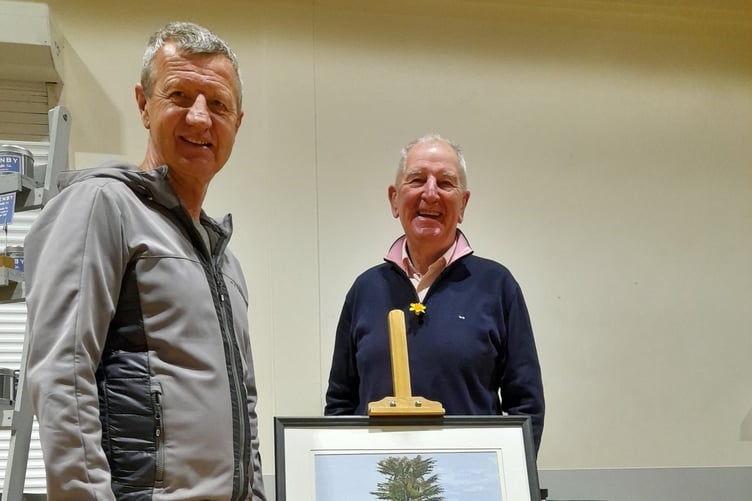 Lonely Tree painting artist Andrew Phillips and SLTPS chairman Martyn Williams BEM