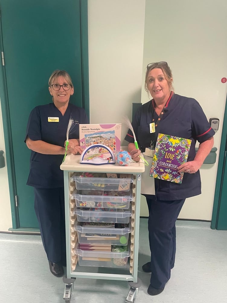 Tracey Sanders, Senior Sister and Jo Dyer, Senior Nurse Manager, with sensory items for ED dementia and Alzheimer’s patients at Withybush